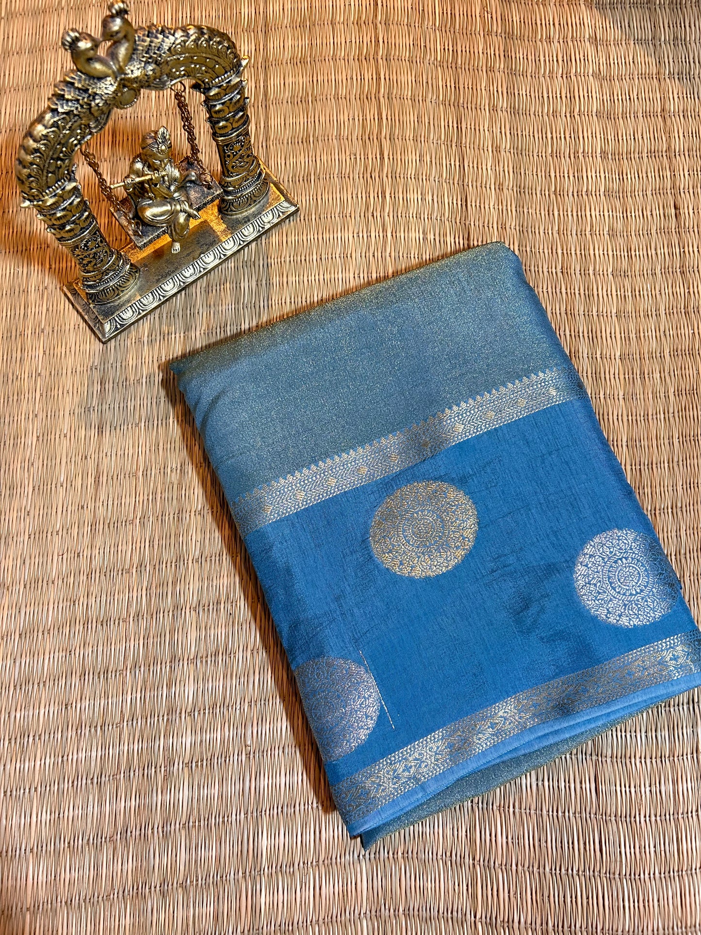 Blue gold tissue crepe saree