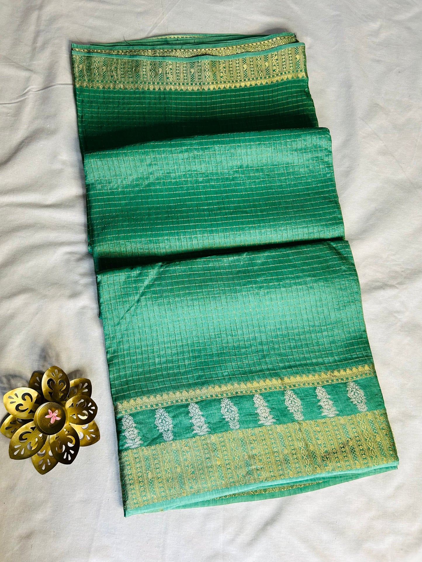 Green checks crepe saree