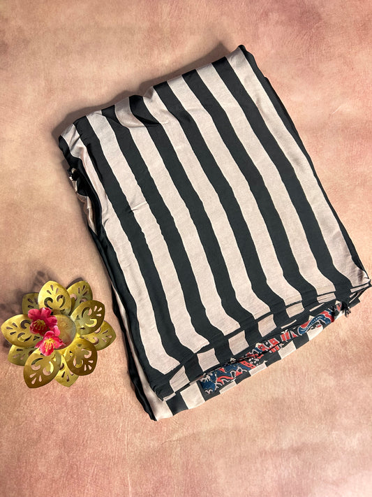 Black stripes Ajrakh modal silk saree