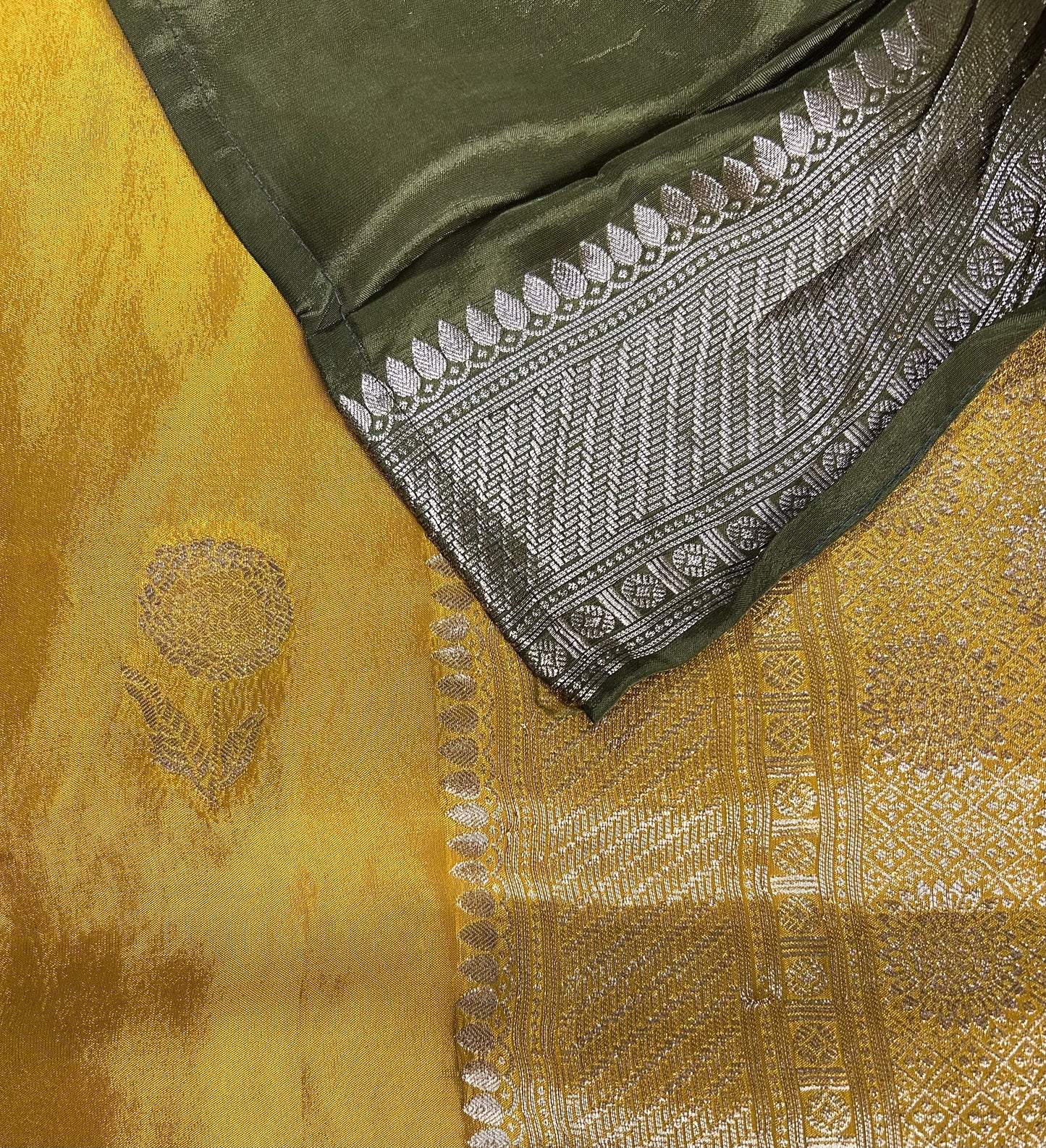 Yellow satin crepe saree