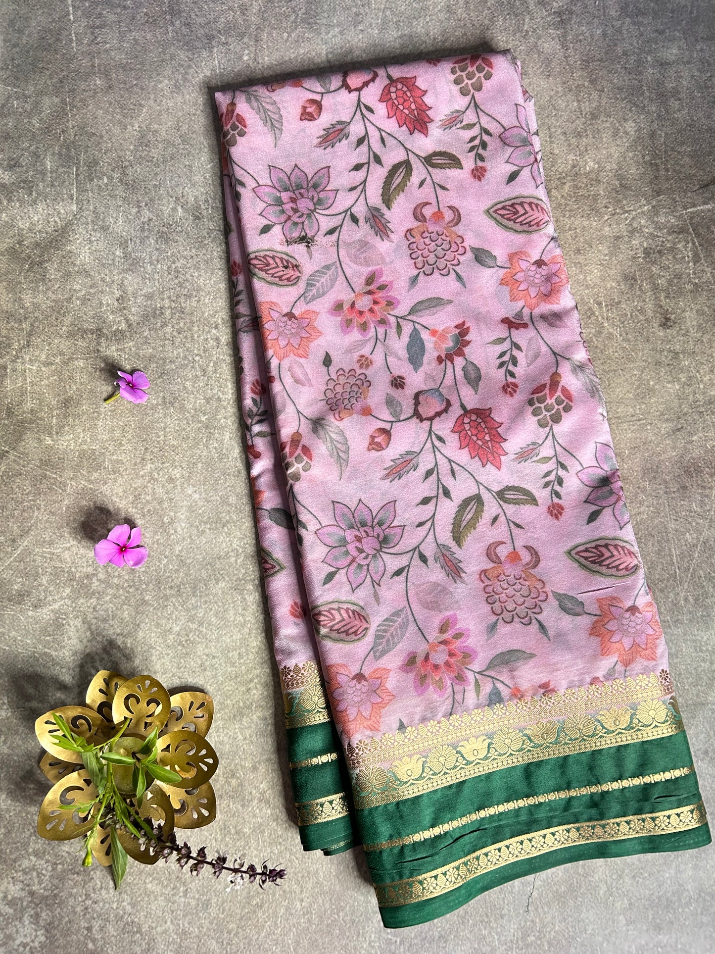 Pink floral semi-Mysore silk crepe saree