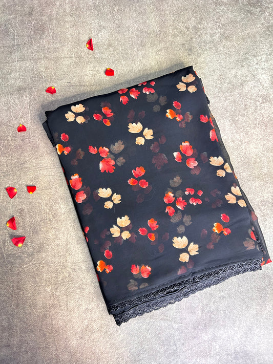 Black floral georgette saree