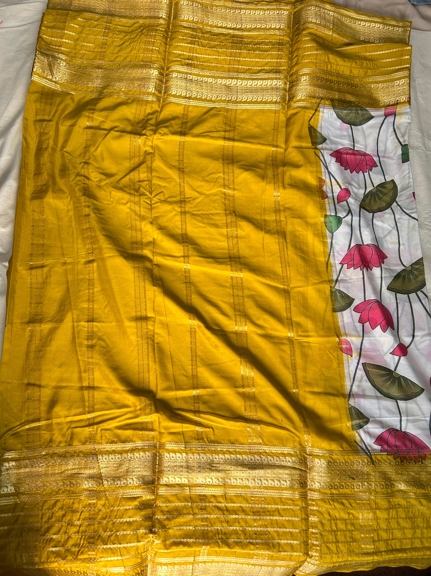 White kalamkari semi Mysore silk crepe saree