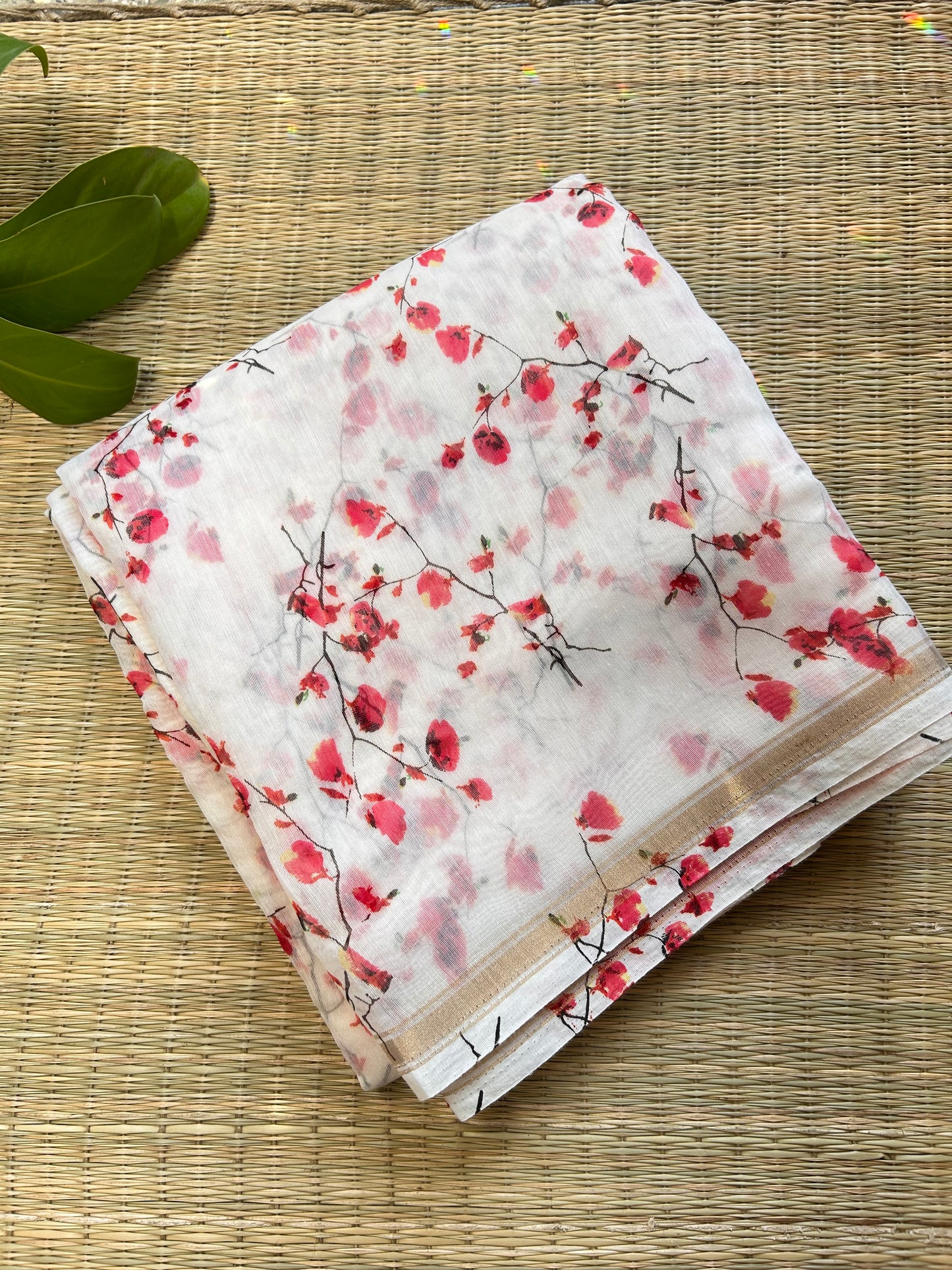 white-red floral cotton silk saree