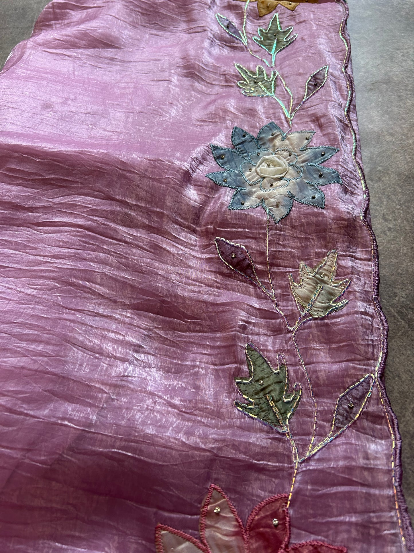 Lavender crush organza 3D floral appliqué work saree