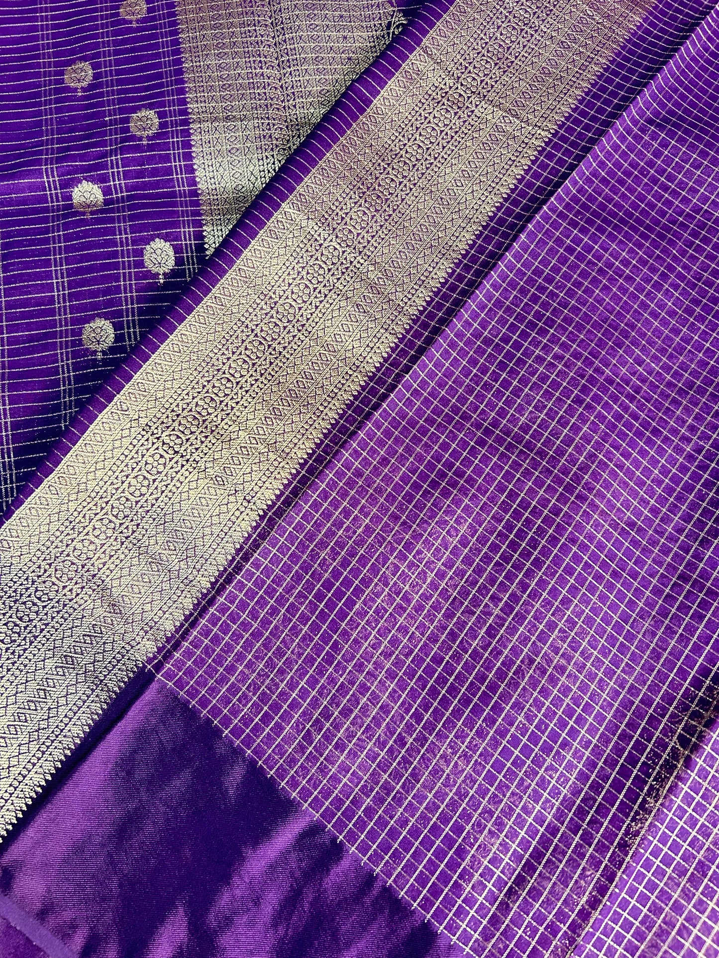 Purple checks buttas crepe saree