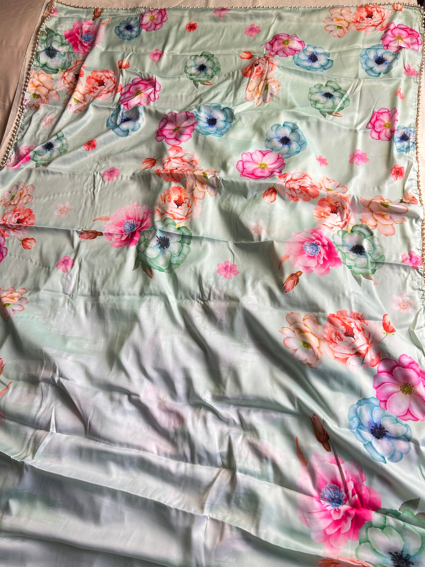 Cyan Blue floral satin saree