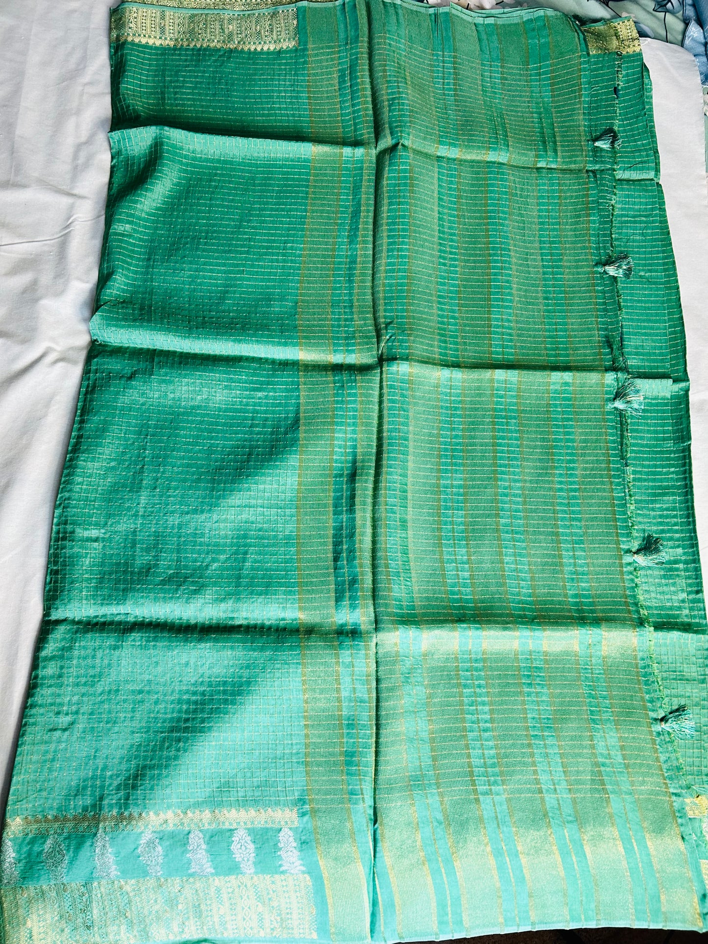 Green checks crepe saree