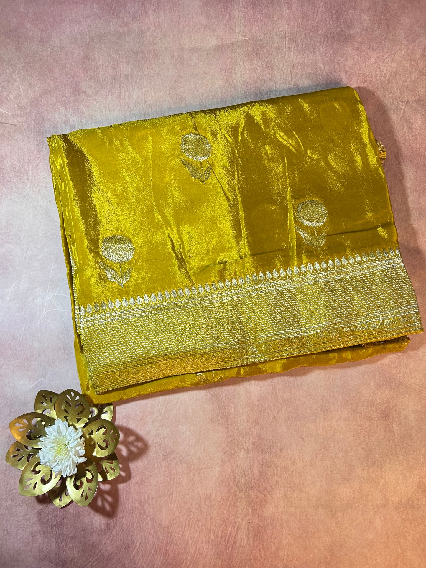 Yellow satin crepe saree