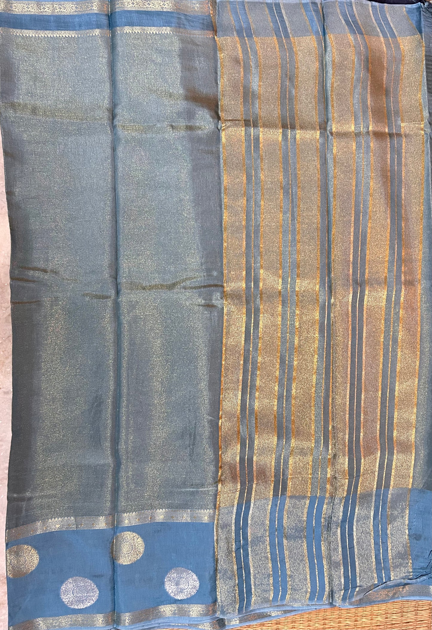Blue gold tissue crepe saree