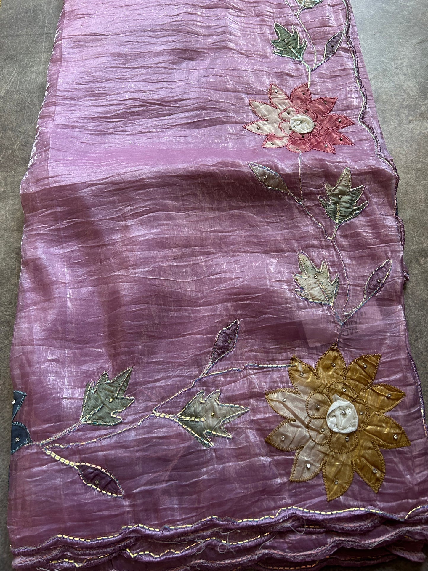 Lavender crush organza 3D floral appliqué work saree