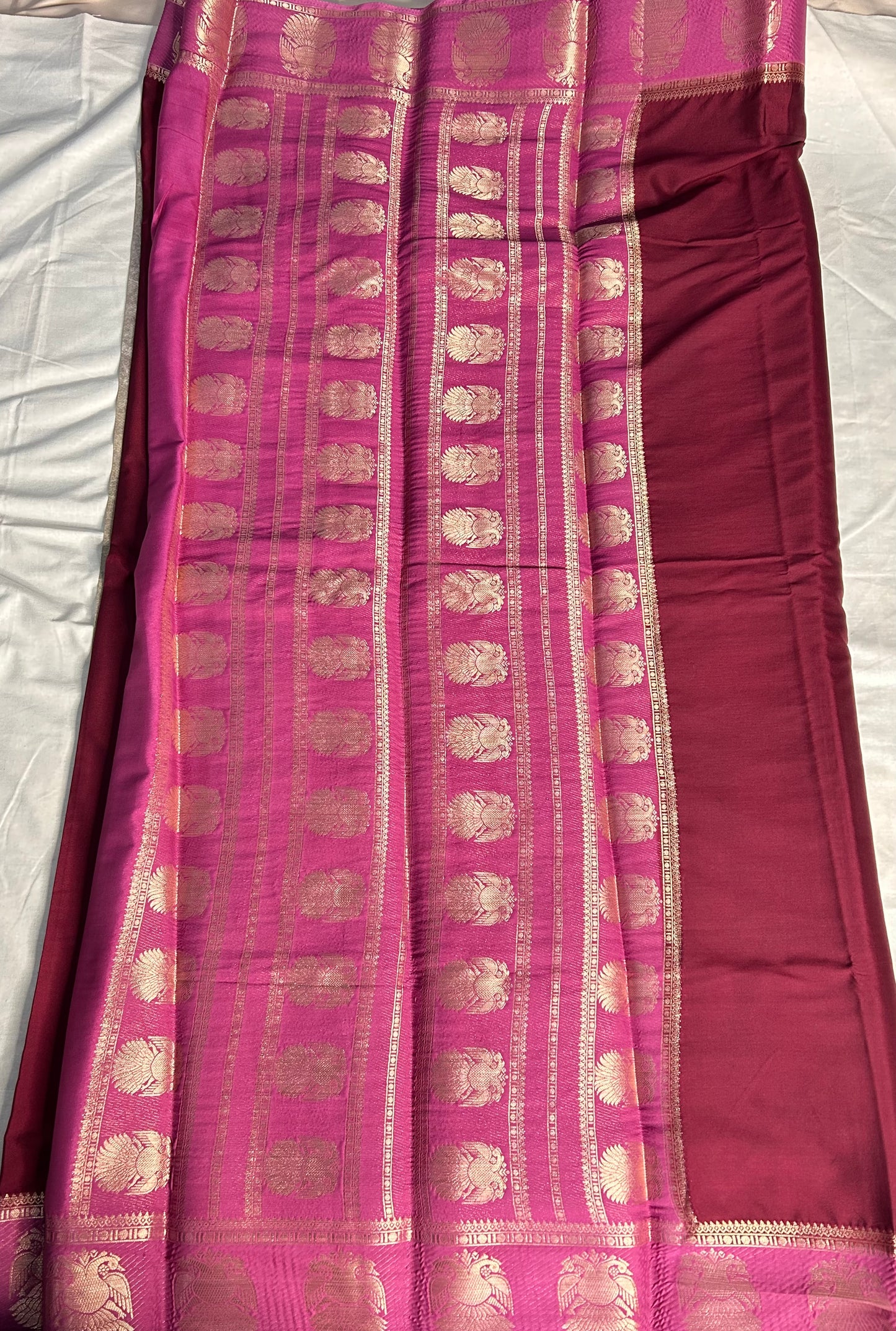 Maroon gandaberunda crepe Mysore silk saree