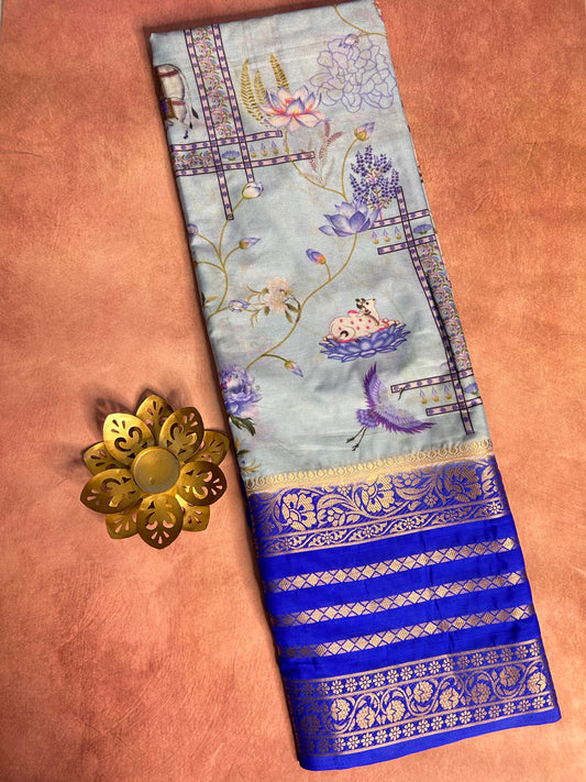 Blue crepe Mysore silk saree