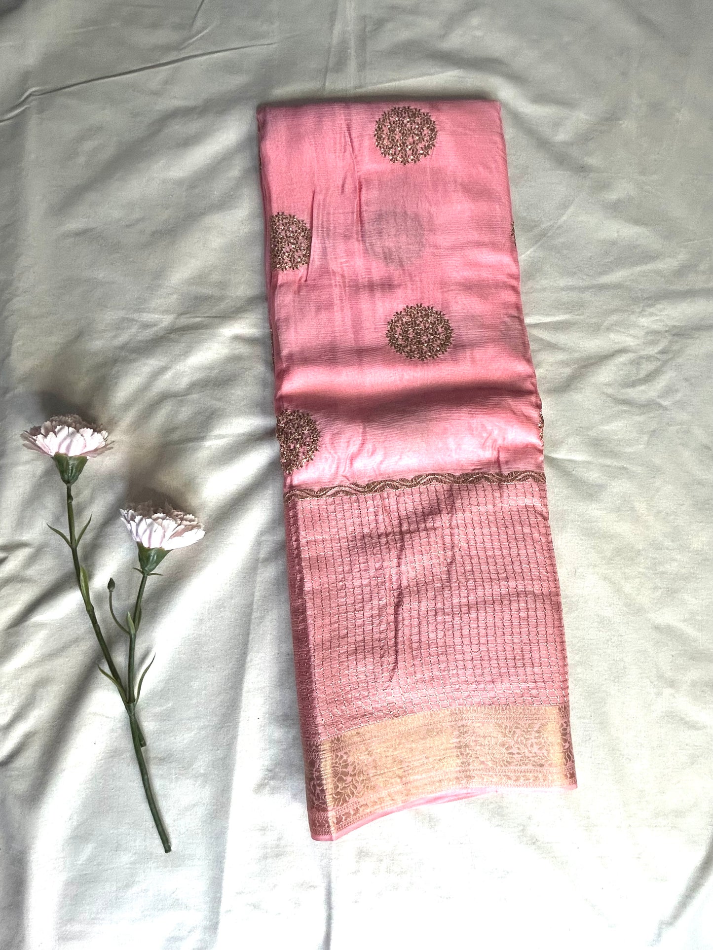 Pink chinon crepe saree