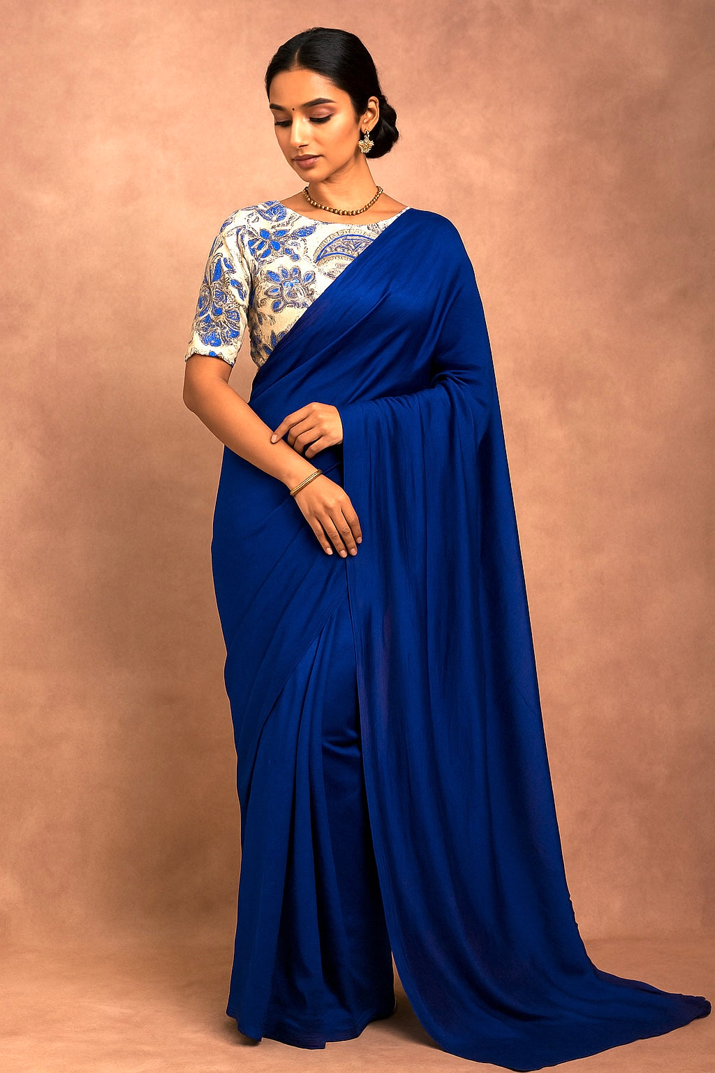 Royal Blue plain Kashmiri silk saree